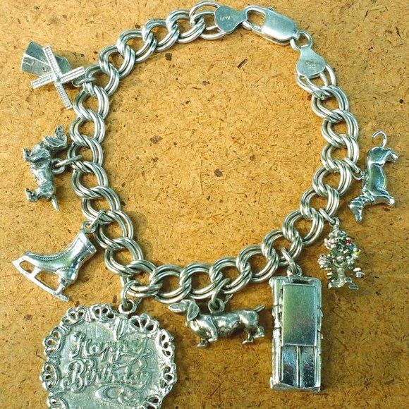 Sterling Silver Birthday Heart Dogs Charm Bracelet - Picture 1 of 5
